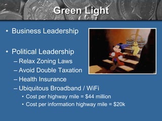 Green Light
• Business Leadership

• Political Leadership
  – Relax Zoning Laws
  – Avoid Double Taxation
  – Health Insur...
