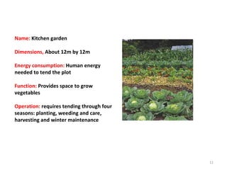 Name:  Kitchen garden Dimensions,  About 12m by 12m Energy consumption:  Human energy needed to tend the plot Function:  Provides space to grow vegetables Operation:  requires tending through four seasons: planting, weeding and care, harvesting and winter maintenance 
