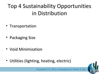 Top 4 Sustainability Opportunities
in Distribution
• Transportation
• Packaging Size
• Void Minimization
• Utilities (ligh...