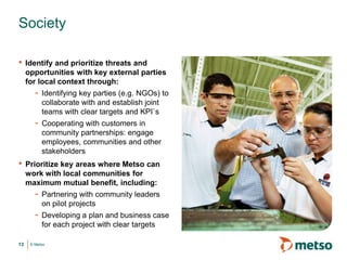 © Metso
• Identify and prioritize threats and
opportunities with key external parties
for local context through:
- Identifying key parties (e.g. NGOs) to
collaborate with and establish joint
teams with clear targets and KPI`s
- Cooperating with customers in
community partnerships: engage
employees, communities and other
stakeholders
• Prioritize key areas where Metso can
work with local communities for
maximum mutual benefit, including:
- Partnering with community leaders
on pilot projects
- Developing a plan and business case
for each project with clear targets
13
Society
 