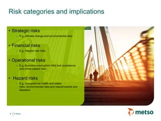 © Metso7
• Strategic risks
- E.g. Climate change and environmental risks
• Financial risks
- E.g. Interest rate risks
• Operational risks
- E.g. Business interruption risks and compliance
and crime related risks
• Hazard risks
- E.g. Occupational health and safety
risks, environmental risks and natural events and
disasters
Risk categories and implications
 