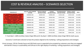 7. Fresh Basil + 100% Certified, Italian Origin RM and 8. Dry Basil + 100% Certified, Italian Origin RM for both sauces
-Scenarios 7 and 8 were selected to have the product aligned to the marketing + selling propositions and strategies
-Prices increase, 17% for Tomato Sauce and 24% Pesto sauce is expected to be accepted by customers once they are engaged
with Barilla’s history in sustainability and CSR due to the right deploy of marketing + selling propositions and strategies
COST & REVENUE ANALYSIS – SCENARIOS SELECTION
______________________________________________________
 