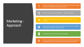 Marketing -
Approach
Launch a campaign on the history of the brand and how through
the years it has always been concerned by
Farmers wellness and profitability -business integrity
Food quality and safety, environmental sustainability, animal
welfare
Demonstrate its tight bonds with NGO’s, governments, academic
institutions and other relevant parties
Emphasize the direct trade model employed
Show to customers and to the industry that Barilla is really doing
something for those in the lower echelons of its supply chain
 