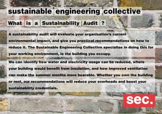 sustainable engineering collective
What is a Sustainability Audit ?

A sustainability audit will evaluate your organisation’s current
environmental impact, and give you practical recommendations on how to
reduce it. The Sustainable Engineering Collective specialise in doing this for
your working environment, ie the building you occupy.

We can identify how water and electricity usage can be reduced, where
your building would benefit from insulation, and how improved ventilation
can make the summer months more bearable. Whether you own the building
or rent, our recommendations will reduce your overheads and boost your
sustainability credentials.
 