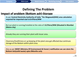 As per Central Electricity Authority of India ‟Per Megawatt(MW) area calculation
required for imported coal is:0.47Acre/MW
But our plant is running/installed at the ratio of :0.27Acre/MW (Situated in Mumbai
(Metro city)
Already they are running their plant with lesser area.
Cleanness/healthiness or up keeping of the plant area got affected due continues
storage of the Bottom within plant area.
Also as per MOEF (Ministry Of Environment & Forest ) notification we can store the
Bottom Ash(solid waste) upto:3Months only
Defining The Problem
Company PDCA Cycle Watch Industry Marketing strategy Cost analysis
2121
 