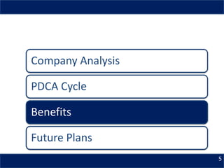 Company Analysis
PDCA Cycle
Benefits
Future Plans
5
 