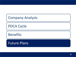 Company Analysis
PDCA Cycle
Benefits
Future Plans
6
 