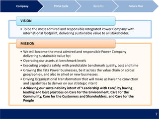 • To be the most admired and responsible Integrated Power Company with
international footprint, delivering sustainable value to all stakeholder.
VISION
• We will become the most admired and responsible Power Company
delivering sustainable value by:
• Operating our assets at benchmark levels
• Executing projects safely, with predictable benchmark quality, cost and time
• Growing the Tata Power businesses, be it across the value chain or across
geographies, and also in allied or new businesses
• Driving Organizational Transformation that will make us have the conviction
and capabilities to deliver on our strategic intent
• Achieving our sustainability intent of ‘Leadership with Care’, by having
leading and best practices on Care for the Environment, Care for the
Community, Care for the Customers and Shareholders, and Care for the
People
MISSION
Company PDCA Cycle Benefits Future Plan
7
 