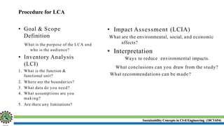 Sustainability Concepts in Civil Engineering (18CV654)
Procedure for LCA
• Goal & Scope
Definition
What is the purpose of the LCA and
who is the audience?
• Inventory Analysis
(LCI)
1. What is the function &
functional unit?
2. Where are the boundaries?
3. What data do you need?
4. What assumptions are you
making?
5. Are there any limitations?
• Impact Assessment (LCIA)
What are the environmental, social, and economic
affects?
• Interpretation
Ways to reduce environmental impacts.
What conclusions can you draw from the study?
What recommendations can be made?
 