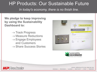 We pledge to keep improving
by using the Sustainability
Dashboard to:
 Track Progress
 Measure Reductions
 Engage Employees
and Customers
 Share Success Stories
HP Products: Our Sustainable Future
In today's economy, there is no finish line.
 