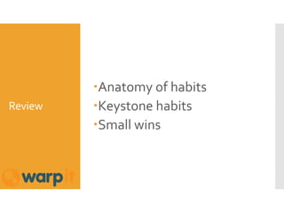Review
Anatomy of habits
Keystone habits
Small wins
 