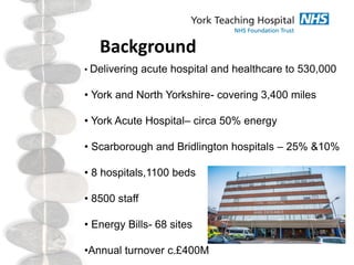 Background
• Delivering acute hospital and healthcare to 530,000
• York and North Yorkshire- covering 3,400 miles
• York Acute Hospital– circa 50% energy
• Scarborough and Bridlington hospitals – 25% &10%
• 8 hospitals,1100 beds
• 8500 staff
• Energy Bills- 68 sites
•Annual turnover c.£400M
 