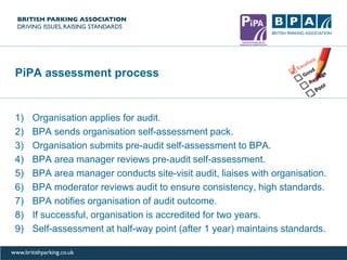PiPA assessment process
1) Organisation applies for audit.
2) BPA sends organisation self-assessment pack.
3) Organisation submits pre-audit self-assessment to BPA.
4) BPA area manager reviews pre-audit self-assessment.
5) BPA area manager conducts site-visit audit, liaises with organisation.
6) BPA moderator reviews audit to ensure consistency, high standards.
7) BPA notifies organisation of audit outcome.
8) If successful, organisation is accredited for two years.
9) Self-assessment at half-way point (after 1 year) maintains standards.
 
