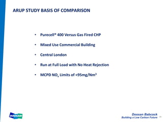 Doosan Babcock
Building a Low Carbon Future
ARUP STUDY BASIS OF COMPARISON
54
• Purecell® 400 Versus Gas Fired CHP
• Mixed Use Commercial Building
• Central London
• Run at Full Load with No Heat Rejection
• MCPD NOx Limits of <95mg/Nm3
 