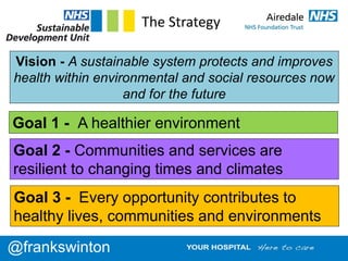 Goal 1 - A healthier environment
Goal 2 - Communities and services are
resilient to changing times and climates
Goal 3 - Every opportunity contributes to
healthy lives, communities and environments
Vision - A sustainable system protects and improves
health within environmental and social resources now
and for the future
The Strategy
@frankswinton
 