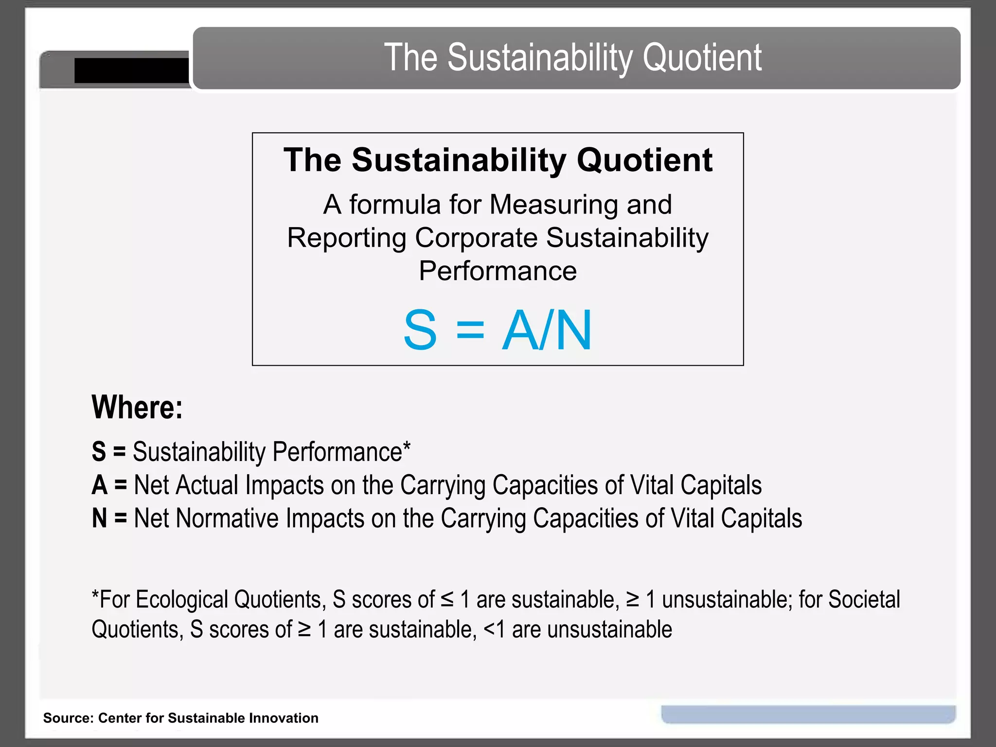 The Sustainability Quotient Source: Center for Sustainable Innovation The Sustainability Quotient A formula for Measuring and Reporting Corporate Sustainability Performance S = A/N Where: S =  Sustainability Performance* A =  Net Actual Impacts on the Carrying Capacities of Vital Capitals N =  Net Normative Impacts on the Carrying Capacities of Vital Capitals *For Ecological Quotients, S scores of ≤ 1 are sustainable, ≥ 1 unsustainable; for Societal  Quotients, S scores of ≥ 1 are sustainable, <1 are unsustainable Source: Center for Sustainable Innovation 