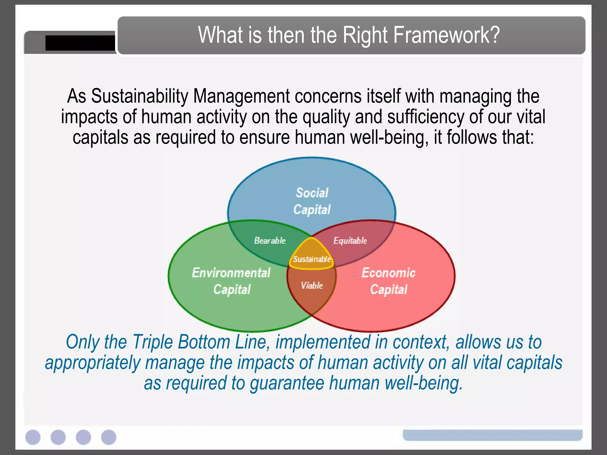 As Sustainability Management concerns itself with managing the impacts of human activity on the quality and sufficiency of our vital capitals as required to ensure human well-being, it follows that: Only the Triple Bottom Line, implemented in context, allows us to appropriately manage the impacts of human activity on all vital capitals as required to guarantee human well-being. What is then the Right Framework? 