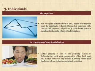 3. Individuals
•  For ecological deforestation to end, paper consumption
must be drastically reduced. Opting for paperless bills,
checks and payments significantly contributes towards
mending the harmful effects of deforestation
•  Cattle grazing is one of the primary causes of
deforestation. Limit your consumption of fast food meat
and always choose to buy locally. Knowing where your
food comes from helps to combat deforestation
Go paperless
Be conscious of your food choices
 