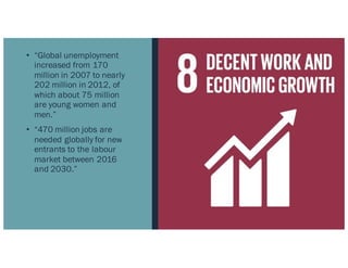 • “Global unemployment
increased from 170
million in 2007 to nearly
202 million in 2012, of
which about 75 million
are young women and
men.”
• “470 million jobs are
needed globally for new
entrants to the labour
market between 2016
and 2030.”
 