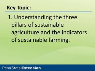 Key Topic:

1. Understanding the three
pillars of sustainable
agriculture and the indicators
of sustainable farming.

 
