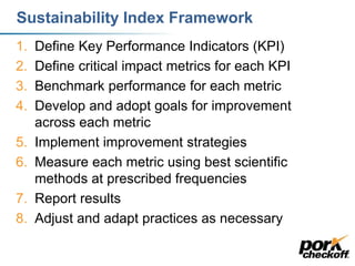 Sustainability Index Framework
1. Define Key Performance Indicators (KPI)
2. Define critical impact metrics for each KPI
3. Benchmark performance for each metric
4. Develop and adopt goals for improvement
across each metric
5. Implement improvement strategies
6. Measure each metric using best scientific
methods at prescribed frequencies
7. Report results
8. Adjust and adapt practices as necessary
 
