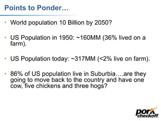 Points to Ponder…
• World population 10 Billion by 2050?
• US Population in 1950: ~160MM (36% lived on a
farm).
• US Population today: ~317MM (<2% live on farm).
• 86% of US population live in Suburbia….are they
going to move back to the country and have one
cow, five chickens and three hogs?
 