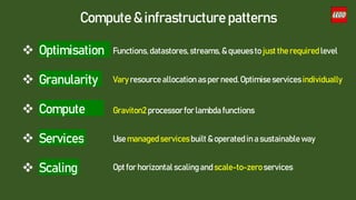 Compute & infrastructure patterns
 Optimisation Functions, datastores, streams, & queues to just the required level
 Granularity Vary resource allocation as per need.Optimise servicesindividually
 Compute Graviton2 processor for lambda functions
 Services Use managedservicesbuilt & operated in a sustainable way
 Scaling Opt for horizontal scalingand scale-to-zeroservices
 