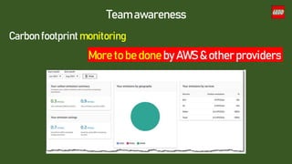 Team awareness
Carbonfootprint monitoring
More to be done by AWS & other providers
 