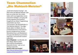 „Coole Kerle kochen knackig“ – die
Idee hinter die Mahlzeit-Meister: Wie
kann ein echter Kerl, der mitten
Leben steht auch gegenüber seinen
männlichen Kollegen, eine gesunde
Ernährungsweise durchsetzen?
Ausgehend von dieser Fragestellung
entwickelten das Team
„Chummelion“ die Geschäftsidee zu
„Die Mahlzeit-Meister“. Grundge-
danke dabei: Ein Mobil, das zum
(mittelständischen) Unternehmen
kommt und gemeinsam mit den
Mitarbeiterinnen und Mitarbeitern
eine gesunde Mahlzeit aus frischen
regionalen und saisonalen Zutaten
zubereitet.
Team-Mitglieder: Liza Steudle, Jan-
Felix Woge, Bettina Jäckle
Rene Salmon (Projektpate)
(Swanette Kuntze – war nur am
Freitag anwesend)
Weitere Infos zum Projekt:
http://planet.globalsustainabilityjam.
org/gsusj14/project/33576
Team Chummelion
„Die Mahlzeit-Meister“
 