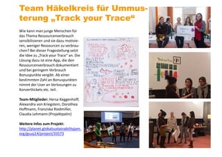 Wie kann man junge Menschen für
das Thema Ressourcenverbrauch
sensibilisieren und sie dazu motivie-
ren, weniger Ressourcen zu verbrau-
chen? Bei dieser Fragestellung setzt
die Idee zu „Track your Trace“ an. Die
Lösung dazu ist eine App, die den
Ressourcenverbrauch dokumentiert
und bei geringem Verbrauch
Bonuspunkte vergibt. Ab einer
bestimmten Zahl an Bonuspunkten
nimmt der User an Verlosungen zu
Konzerttickets etc. teil.
Team-Mitglieder: Hersa Keggenhoff,
Alexandra von Kriegstein, Dorothea
Hoffmann, Franziska Riedmiller,
Claudia Lehmann (Projektpatin)
Weitere Infos zum Projekt:
http://planet.globalsustainabilityjam.
org/gsusj14/project/33573
Team Häkelkreis für Ummus-
terung „Track your Trace“
 