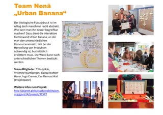 Der ökologische Fussabdruck ist im
Alltag doch manchmal recht abstrakt.
Wie kann man ihn besser begreifbar
machen? Dazu dient die interaktive
Kletterwand Urban Banana, an der
man den unterschiedlichen
Ressourceneinsatz, der bei der
Herstellung von Produkten
notwendig ist, buchstäblich
erklettern muss. Die Wand kann nach
unterschiedlichen Themen bestückt
werden.
Team-Mitglieder: Titta Jylkäs,
Vivienne Nürnberger, Bianca Richter-
Harm, Ingo Cremer, Eva Ramuschkat
(Projektpatin)
Weitere Infos zum Projekt:
http://planet.globalsustainabilityjam.
org/gsusj14/project/33577
Team Nenä
„Urban Banana“
 