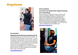 Dennis Heydrich
Jam-Coach. Jam-Movements. Dragon Dreaming
Zum Teambuilding
Dennis Heydrich ist Therapeut, Coach und Trainer für
inneren und äußeren Wandel. Er verbindet in seiner
Arbeit unterschiedliche Ansätze für persönliches
Wachstum mit Methoden des sozialen Felds. Neben
Workshops und Seminaren in Essenz Lebens Design
(ELD) und der Dragon Dreaming Methode, begleitet er
kreative Projekte für Nachhaltigkeit in und um Hannover
– wie zum Beispiel den Sustainability Jam.
www.dennis-heydrich.de
Orgateam
Anna Brandes
Mitgestaltung & Mitwirkung Marketing & PR
Anna Brandes hat nach 10 Jahren in der Touristik – mit
Schwerpunkt Markenaufbau und Innovation – in 2014
ihre eigene Firma gegründet. Bei ihren „Ideen-Dinnern“
werden Menschen zu einem bereichernden Austausch
zusammengeführt, um wirtschaftliche oder persönliche
Themen aus unterschiedlichen Perspektiven zu
beleuchten. Nachhaltigkeit ist für sie Wertschätzung
jedes Einzelnen und damit Schaffung eines positiven
Klimas voller Innovationskraft!
www.waldlichtung.com
 