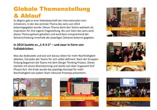 Zu Beginn gab es eine Videobotschaft der internationalen Jam-
Initiatoren, in der das zentrale Thema des Jams von 2014
bekanntgegeben wurde. Dieses Thema dient den Teams weltweit als
Inspiration für ihre eigene Fragestellung. Bis zum Start des Jams wird
dieses Thema geheim gehalten und wird dann entsprechend der
Zeitverschiebung innerhalb der jeweiligen Zeitzone bekannt gegeben.
In 2014 lautete es „1-4-3-2“ – und zwar in Form von
Fußabdrücken.
Was das bedeutete und wie sich daraus Ideen für mehr Nachhaltigkeit
ableiten, hat jedes der Teams für sich selbst definiert. Nach der Gruppen-
findung begannen die Teams mit dem Design Thinking Prozess. Dieser
startete mit einem Brainstorming und setzte sich über insgesamt fünf
Phasen fort. Am Ende wurde das jeweilige Konzept für mehr
Nachhaltigkeit von jedem Team inklusive Prototyp präsentiert.
Globale Themenstellung
& Ablauf
2. RECHERCHE & PERSONAS
3. KONZEPTENTWICKLUNG 4. PROTOTYPING & TESTING 5. PRÄSENTATION
1. FRAGESTELLUNG
 
