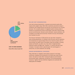 18%	                IEQ and Cost ConsIdEratIons
                         Rent,	Utilities,	
                         Other               Like most building characteristics, improved environmental quality often
                                             impacts other program areas. While IEQ is sometimes perceived as being in
                                             competition with energy efficiency and security, the priorities are not mutually
                                             exclusive. The increased adoption of integrated systems thinking makes it
                                             possible to simultaneously achieve multiple goals—good IEQ, reduced energy
                                             use and cost efficiencies. Demand control ventilation, natural ventilation, and
                                             increased air and water-side economizer utilization are only a few examples
                                             that illustrate this point.

                                             The financial implications of IEQ practices are clear when compared to
                                             other building expenditures. For example, while life-cycle costs for operations
     82%	
                                             and maintenance are approximately three to four times the capital cost of a
     Personnel	Salary	
     and	Benefits
                                             new building, the capital costs of the people inside the buildings, including
                                             salaries and benefits, are often one or two orders of magnitude above
                                             traditional capital and OM costs. Therefore, it is obvious that even small
Cost of doIng BusInEss                       increases in occupant comfort, especially given the resulting gains in
Annual	office	costs	per	square	foot          productivity, can yield substantial cost savings.


                                             Indoor EnvIronmEntal stratEgIEs

                                             Today, GSA takes an integrated, whole-systems approach to the design,
                                             construction, operations and maintenance of its world-class indoor environ­
                                             ments—the result of a team effort involving the agency’s environmental,
                                             environmental health, engineering, architectural, and building operations
                                             champions. Together they have identified integrated and sustainable IEQ
                                             design goals and strategies.




                                                                                                                   	     123	 sustainability	matters
 