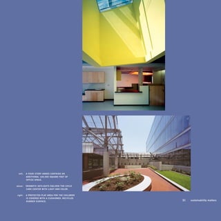 left:   A FouR -SToRY AnnEx ConTAinS An
          ADDiTionAL 100,000 SQuARE FEET oF
          oFFiCE SpACE.

above:    DRAmATiC SkYLighTS EnLivEn ThE ChiLD
          CARE CEnTER wiTh LighT AnD CoLoR.

right:    A pRoTECTED pLAY AREA FoR ThE ChiLDREn
          iS CovERED wiTh A CuShionED, RECYCLED
          RubbER SuRFACE.                          31   sustainability matters
 
