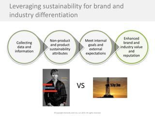 ©Copyright Kennedy and Coe, LLC 2014. All rights reserved. 
Leveraging sustainability for brand and industry differentiation 
Enhanced brand and industry value and reputation 
Meet internal goals and external expectations 
Non-product and product sustainability attributes 
Collecting data and information 
VS  