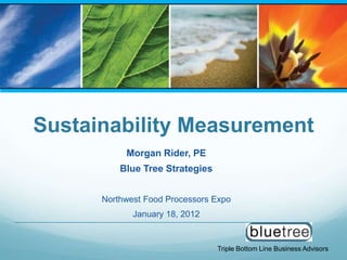 Triple Bottom Line Business Advisors
Sustainability Measurement
Morgan Rider, PE
Blue Tree Strategies
Northwest Food Processors Expo
January 18, 2012
 