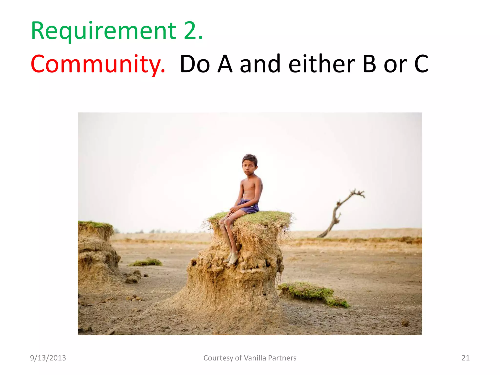 Requirement 2.
Community. Do A and either B or C
9/13/2013 Courtesy of Vanilla Partners 21
 