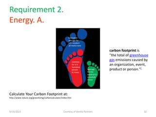 Requirement 2.
Energy. A.
Calculate Your Carbon Footprint at:
http://www.nature.org/greenliving/carboncalculator/index.htm
9/13/2013 Courtesy of Vanilla Partners 32
Estimated
average for
U.S. resident
20 metric tons
Estimate
for U.S.
homeless
person
8.5 tons
Average
for the
world (U.S.
included)
4 tons
carbon footprint is
"the total of greenhouse
gas emissions caused by
an organization, event,
product or person."[
 