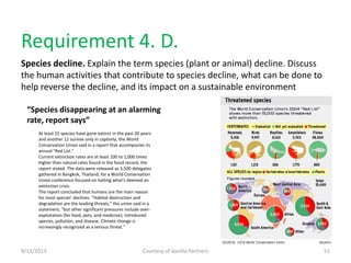 Requirement 4. D.
Species decline. Explain the term species (plant or animal) decline. Discuss
the human activities that contribute to species decline, what can be done to
help reverse the decline, and its impact on a sustainable environment
9/13/2013 Courtesy of Vanilla Partners 51
“Species disappearing at an alarming
rate, report says”
At least 15 species have gone extinct in the past 20 years
and another 12 survive only in captivity, the World
Conservation Union said in a report that accompanies its
annual "Red List."
Current extinction rates are at least 100 to 1,000 times
higher than natural rates found in the fossil record, the
report stated. The data were released as 3,500 delegates
gathered in Bangkok, Thailand, for a World Conservation
Union conference focused on halting what's deemed an
extinction crisis.
The report concluded that humans are the main reason
for most species' declines. "Habitat destruction and
degradation are the leading threats," the union said in a
statement, "but other significant pressures include over-
exploitation (for food, pets, and medicine), introduced
species, pollution, and disease. Climate change is
increasingly recognized as a serious threat."
 