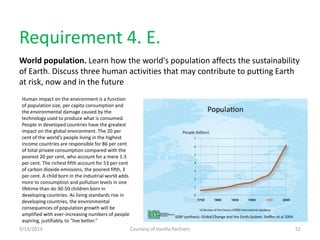 Requirement 4. E.
World population. Learn how the world's population affects the sustainability
of Earth. Discuss three human activities that may contribute to putting Earth
at risk, now and in the future
9/13/2013 Courtesy of Vanilla Partners 52
Human impact on the environment is a function
of population size, per capita consumption and
the environmental damage caused by the
technology used to produce what is consumed.
People in developed countries have the greatest
impact on the global environment. The 20 per
cent of the world’s people living in the highest
income countries are responsible for 86 per cent
of total private consumption compared with the
poorest 20 per cent, who account for a mere 1.3
per cent. The richest fifth account for 53 per cent
of carbon dioxide emissions, the poorest fifth, 3
per cent. A child born in the industrial world adds
more to consumption and pollution levels in one
lifetime than do 30-50 children born in
developing countries. As living standards rise in
developing countries, the environmental
consequences of population growth will be
amplified with ever-increasing numbers of people
aspiring, justifiably, to "live better."
 