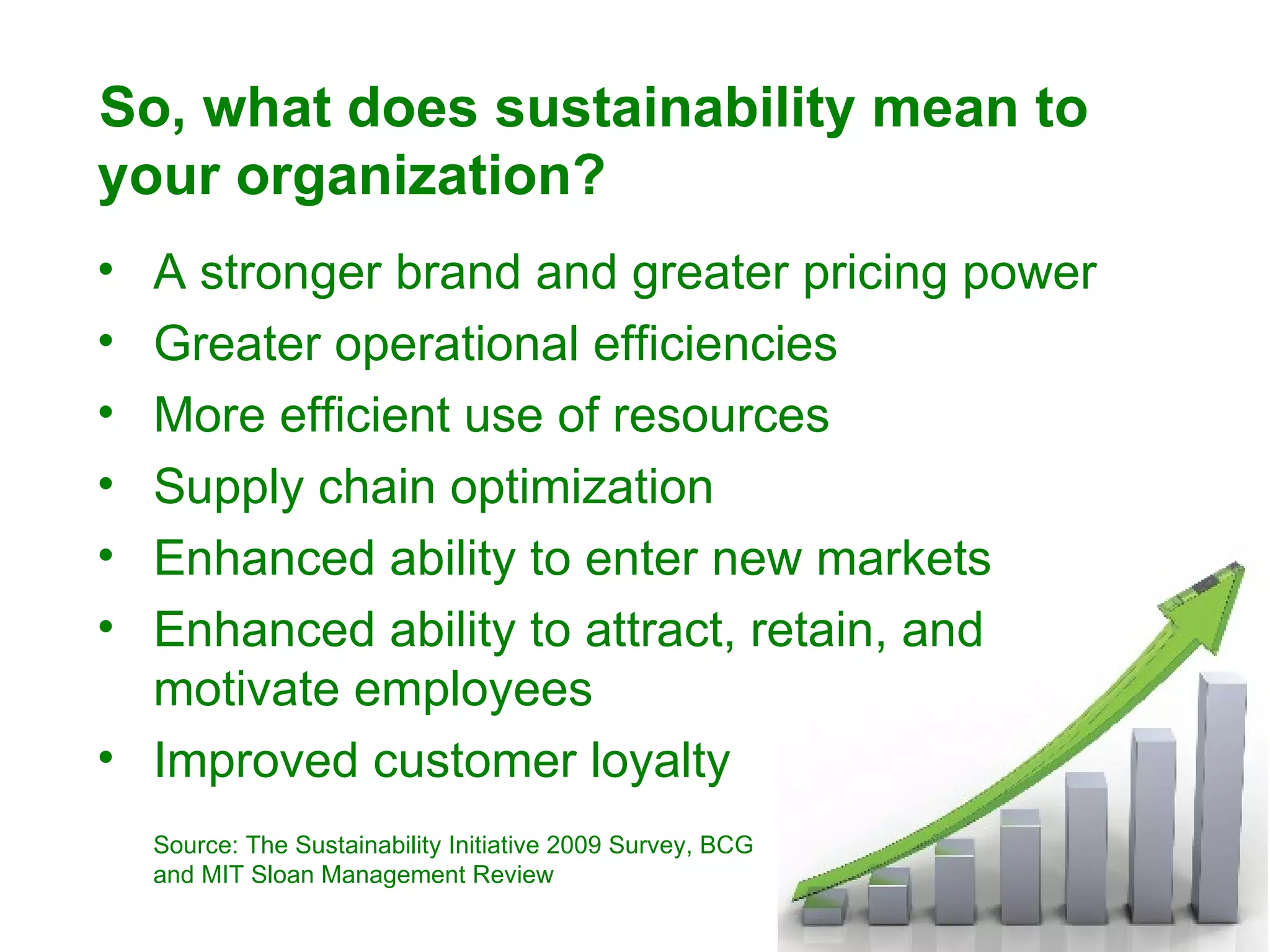 So, what does sustainability mean to your organization? A stronger brand and greater pricing power Greater operational efficiencies More efficient use of resources Supply chain optimization Enhanced ability to enter new markets Enhanced ability to attract, retain, and motivate employees Improved customer loyalty Source: The Sustainability Initiative 2009 Survey, BCG  and MIT Sloan Management Review 