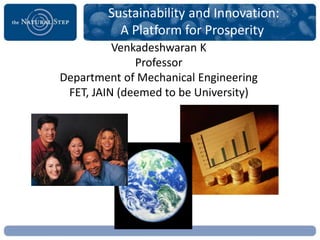 Sustainability and Innovation:
A Platform for Prosperity
Mike F. Keen, Ph.D., LEED AP
IU South Bend Center for a Sustainable Future
Venkadeshwaran K
Professor
Department of Mechanical Engineering
FET, JAIN (deemed to be University)
 