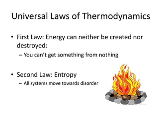 Universal Laws of Thermodynamics

• First Law: Energy can neither be created nor
  destroyed:
  – You can’t get something from nothing


• Second Law: Entropy
  – All systems move towards disorder
 