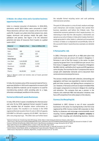 E-Waste: An urban mine and a lucrative business
opportunityinIndia
India is a massive consumer of electronics. In 2014-2015,
5
electronics worth $63.6 billion were consumed in India .
These electronics will turn into e-waste at the end of their
useful life. E-waste is an urban mine that contains iron, steel,
copper, aluminum and precious metals like gold, silver,
palladium and plastics. See Figure 2 for the extraction
potential and value of resources from E-waste on a global
1
scalein2014 .
In India, the monetary value of the recovered material from e-
wastewas$4billionin2015andisexpectedtoincreaseto$20
billion by 2020.The materials can be recycled or re-used for
manufacturing products while providing jobs to a large,
otherwiseunemployed,workforceinthecountry.
FormalvsInformalE-wasteBusinesses
In India, 95% of the E-waste is handled by the informal sector
2
and only 5% by CPCB registered formal recyclers .E-waste
rules mandate that all recyclers obtain authorization to
recycle E-waste. This resulted in an increase in the CPCB
registered (formal) recyclers from 23 units in 2011 of capacity
0.09 MMT to 138 with a capacity of 0.35 MMT . But there is
still a very long way to go. The 2016 rules can further boost
the valuable formal recycling sector and curb polluting
informalsectoractivities.
The pool of 138 recyclers is a mix of small, medium and large-
scale enterprises and includes recyclers that started their
business operations well before the E-Waste rules. They
realized the economic potential in the E-waste business. It is
interesting to note that the 138 recyclers / dismantlers are
spread across only 13 States in India which implies that the E-
waste generated in other States is collected and transported
to these 13 States or is disposed of unscientifically. Some of
the successful Indian E-waste Business examples are detailed
below:
E-ParisaraaPvt. Ltd.
In 2005, E-Parisaraa started off as an R&D pilot plant that
could process 1 ton per annum of E-waste in Bangalore. E-
Parisaraa is one of the first movers in the sector. Its plant
capacity has grown from 1 ton to 8,820 tons per annum. As a
first mover, it engaged with major IT companies in Bangalore
likeIBM,Inteletc.wellbeforetheE-wasteandEPRregulations
cameintoplay.TheincentivefortheITcompaniesthenwasto
comply with stakeholder demands and to document their
socialandenvironmentalperformance.
The services initially started with collection, dismantling and
segregation and have now expanded to material extraction,
gold and silver recovery, and lighting fixture component re-
use. However, E-Parisaraa continues to export shredded PCBs
and copper components to Umicore in Belgium for smelting
and extraction. The company that was a pioneer in the
industry and undertook R&D and education initiatives now
facesstiffcompetitionfromotherplayersintheindustry.
Ecoreco,EcoRecyclingLtd.
Established in 2007, Ecoreco is one of more successful
businesses in the sector. Its recycling facility is the first to be
registered by CPCB. Ecoreco invited 100 corporates to their
facility to showcase and encourage environmentally sound
recycling. Ecoreco partnered with a logistics company to
support their recycling and refurbishing business. Ecoreco
Figure 2: Resource content and monetary value of E-waste generated
globallyin2014
Material Weight in Tons Value in Million USD
Precious Metals
Gold 300 11,340
Silver 1,000 630
Palladium 100 1,960
OtherMetals
Iron,Steel 1,65,00,000 9,810
Copper 19,00,000 11,550
Aluminum 2,20,000 3,490
Plastics
Plastics 86,00,000 13,410
3
National Institution for Transforming India (NITI) Aayog, (2016), Make in India Strategy for Electronic Products, India, Page 2,
st
Online Source: http://niti.gov.in/writereaddata/files/document_publication/ Electronics%20Policy%20Final%20Circulation.pdf; Accessed on October 21 2016
4 th
Ecoreco's CSR Plans & Partnership, (2016), Online Source: http://ecoreco.com/aboutus-csr.aspx; Accessed on Oct 25 2016
5
Rajya Sabha Research Unit (LARRDIS),(2011), E-waste in India, New Delhi, Page 5 & 99
nd
Online Source: http://rajyasabha.nic.in/rsnew/publication_electronic/E-waste_in_india.pdf; Accessed on Oct 22 2016
6
Central Pollution Control Board, (2014), List of Registered E-waste Dismantler / Recycler in the country, India
nd
Online Source: http://cpcb.nic.in/Ewaste_Registration_List.pdf; Accessed on Oct 22 Oct 2016
18
 