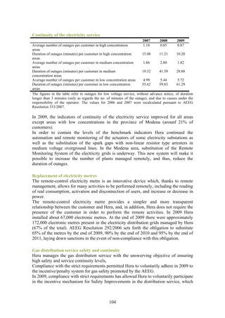 Continuity of the electricity service
                                                                      2007      2008        2009
Average number of outages per customer in high concentration           1.18      0.85       0.87
areas
Duration of outages (minutes) per customer in high concentration      15.08     11.21      10.20
areas
Average number of outages per customer in medium concentration         1.86      2.80       1.82
areas
Duration of outages (minutes) per customer in medium                  19.32     41.59      28.88
concentration areas
Average number of outages per customer in low concentration areas      4.99      5.44       5.72
Duration of outages (minutes) per customer in low concentration       55.62     59.83      61.29
areas
The figures in the table refer to outages for low voltage service, without advance notice, of duration
longer than 3 minutes (only as regards the no. of minutes of the outage), and due to causes under the
responsibility of the operator. The values for 2006 and 2007 were recalculated pursuant to AEEG
Resolution 333/2007.

In 2009, the indicators of continuity of the electricity service improved for all areas
except areas with low concentrations in the province of Modena (arounf 21% of
customers).
In order to contain the levels of the benchmark indicators Hera continued the
automation and remote monitoring of the actuators of some electricity substations as
well as the substitution of the spark gaps with non-linear resistor type arresters in
medium voltage overground lines. In the Modena area, substitution of the Remote
Monitoring System of the electricity grids is underway. This new system will make it
possible to increase the number of plants managed remotely, and thus, reduce the
duration of outages.

Replacement of electricity metres
The remote-control electricity metre is an innovative device which, thanks to remote
management, allows for many activities to be performed remotely, including the reading
of real consumption, activation and disconnection of users, and increase or decrease in
power.
The remote-control electricity metre provides a simpler and more transparent
relationship between the customer and Hera, and, in addition, Hera does not require the
presence of the customer in order to perform the remote activities. In 2009 Hera
installed about 67,000 electronic metres. At the end of 2009 there were approximately
172,000 electronic metres present in the electricity distribution grids managed by Hera
(67% of the total). AEEG Resolution 292/2006 sets forth the obligation to substitute
65% of the metres by the end of 2009, 90% by the end of 2010 and 95% by the end of
2011, laying down sanctions in the event of non-compliance with this obligation.

Gas distribution service safety and continuity
Hera manages the gas distribution service with the unswerving objective of ensuring
high safety and service continuity levels,
Compliance with the strict requirements permitted Hera to voluntarily adhere in 2009 to
the incentive/penalty system for gas safety promoted by the AEEG.
In 2009, compliance with strict requirements has allowed Hera to voluntarily participate
in the incentive mechanism for Safety Improvements in the distribution service, which



                                                104
 