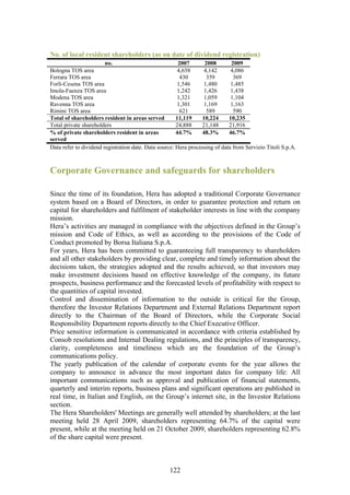 No. of local resident shareholders (as on date of dividend registration)
                        no.                             2007      2008        2009
Bologna TOS area                                        4,658     4,142       4,086
Ferrara TOS area                                         430       359         369
Forli-Cesena TOS area                                   1,546     1,480       1,485
Imola-Faenza TOS area                                   1,242     1,426       1,438
Modena TOS area                                         1,321     1,059       1,104
Ravenna TOS area                                        1,301     1,169       1,163
Rimini TOS area                                          621       589         590
Total of shareholders resident in areas served         11,119    10,224      10,235
Total private shareholders                             24,888    21,148      21,916
% of private shareholders resident in areas            44.7%     48.3%       46.7%
served
Data refer to dividend registration date. Data source: Hera processing of data from Servizio Titoli S.p.A.



Corporate Governance and safeguards for shareholders

Since the time of its foundation, Hera has adopted a traditional Corporate Governance
system based on a Board of Directors, in order to guarantee protection and return on
capital for shareholders and fulfilment of stakeholder interests in line with the company
mission.
Hera’s activities are managed in compliance with the objectives defined in the Group’s
mission and Code of Ethics, as well as according to the provisions of the Code of
Conduct promoted by Borsa Italiana S.p.A.
For years, Hera has been committed to guaranteeing full transparency to shareholders
and all other stakeholders by providing clear, complete and timely information about the
decisions taken, the strategies adopted and the results achieved, so that investors may
make investment decisions based on effective knowledge of the company, its future
prospects, business performance and the forecasted levels of profitability with respect to
the quantities of capital invested.
Control and dissemination of information to the outside is critical for the Group,
therefore the Investor Relations Department and External Relations Department report
directly to the Chairman of the Board of Directors, while the Corporate Social
Responsibility Department reports directly to the Chief Executive Officer.
Price sensitive information is communicated in accordance with criteria established by
Consob resolutions and Internal Dealing regulations, and the principles of transparency,
clarity, completeness and timeliness which are the foundation of the Group’s
communications policy.
The yearly publication of the calendar of corporate events for the year allows the
company to announce in advance the most important dates for company life: All
important communications such as approval and publication of financial statements,
quarterly and interim reports, business plans and significant operations are published in
real time, in Italian and English, on the Group’s internet site, in the Investor Relations
section.
The Hera Shareholders' Meetings are generally well attended by shareholders; at the last
meeting held 28 April 2009, shareholders representing 64.7% of the capital were
present, while at the meeting held on 21 October 2009, shareholders representing 62.8%
of the share capital were present.



                                                   122
 