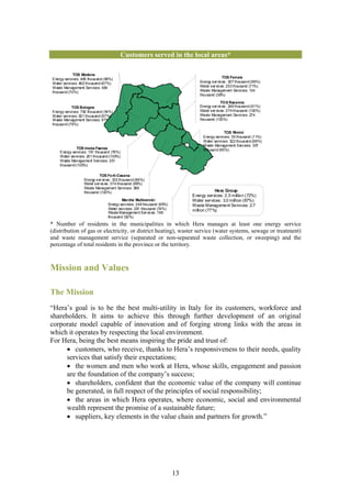 Customers served in the local areas*

            TOS Modena
Energy services: 465 thousand ( 68%)                                                         TOS Ferrara
Water services: 462 thousand (67%)                                              Energy services: 207 thousand (58%)
Waste Management Services: 484                                                  Water services: 253 thousand (71%)
thousand (70%)                                                                  Waste Management Services: 134
                                                                                thousand (38%)
                                                                                            TOS Ravenna
           TOS Bologna                                                          Energy services: 249 thousand (91%)
Energy services: 792 thousand ( 94%)                                            Water services: 274 thousand (100%)
Water services: 821 thousand (97%)                                              Waste Management Services: 274
Waste Management Services: 671                                                  thousand (100%)
thousand (79%)

                                                                                             TOS Rimini
                                                                                 Energy services: 35 thousand (11%)
                                                                                 Water services: 322 thousand (99%)
                                                                                 Waste Management Services: 307
             TOS Imola- Faenza                                                   thousand (95%)
    Energy services: 191 thousand (76%)
    Water services: 251 thousand (100%)
    Waste Management Services: 251
    thousand (100%)

                           TOS Fo rlì-Cesena
                  Energy ser vices: 332 thousand (86%)
                  Water services: 374 thousand (96%)
                  Waste Management Services: 388
                  thousand (100%)                                                       Hera Group
                                                                            Energy services: 2.5 million (72%)
                                         Marche Multiservizi                Water services: 3.0 million (87%)
                                 Energy services: 248 thousand (65%)        Waste Management Services: 2.7
                                 Water services: 281 thousand (74%)         million (77%)
                                 Waste Management Services: 199
                                 thousand (52%)
* Number of residents in the municipalities in which Hera manages at least one energy service
(distribution of gas or electricity, or district heating), waster service (water systems, sewage or treatment)
and waste management service (separated or non-separated waste collection, or sweeping) and the
percentage of total residents in the province or the territory.



Mission and Values

The Mission
“Hera’s goal is to be the best multi-utility in Italy for its customers, workforce and
shareholders. It aims to achieve this through further development of an original
corporate model capable of innovation and of forging strong links with the areas in
which it operates by respecting the local environment.
For Hera, being the best means inspiring the pride and trust of:
      • customers, who receive, thanks to Hera’s responsiveness to their needs, quality
      services that satisfy their expectations;
      • the women and men who work at Hera, whose skills, engagement and passion
      are the foundation of the company’s success;
      • shareholders, confident that the economic value of the company will continue
      be generated, in full respect of the principles of social responsibility;
      • the areas in which Hera operates, where economic, social and environmental
      wealth represent the promise of a sustainable future;
      • suppliers, key elements in the value chain and partners for growth.”




                                                                       13
 