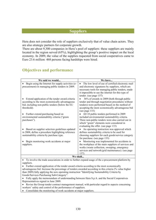 Suppliers

Hera does not consider the role of suppliers exclusively that of value chain actors. They
are also strategic partners for corporate growth.
There are about 9,300 companies in Hera’s pool of suppliers: these suppliers are mainly
located in the region served (65%), highlighting the group’s positive impact on the local
economy. In 2009, the value of the supplies requested from social cooperatives came to
Euro 23.6 million: 468 persons facing hardships were hired.


Objectives and performance

              We said we would...                                           We have...
• Begin using the Internet for supply activities (e-  • The low level of use of certified electronic mail
procurement) in managing public tenders in 2009.      and electronic signatures by suppliers, which are
                                                      necessary tools for managing public tenders, made
                                                      it impossible to use the internet for this type of
                                                      tender. (see page 137)
• Extend application of the tender award criteria     • 36% of awards in 2009 (both through public
according to the most economically advantageous       tender and through negotiation procedures without
bid, including non-public tenders (below the EU       tenders) were performed based on the method of
threshold).                                           accepting the most economically advantageous bid
                                                      (see page 133)
• Further extend purchasing based on                  • All 10 public tenders performed in 2009
environmental sustainability criteria (“green         included environmental sustainability criteria.
purchases”).                                          Three non-public tenders were also carried out in
                                                      which “green” elements were considered in
                                                      evaluating the offer. (see page 133)
• Based on supplier selection guidelines updated      • An operating instruction was approved which
in 2008, define a procedure highlighting reference    defines sustainability criteria to be used for
sustainability criteria by purchase type.             choosing suppliers for each goods/service category
                                                      for purchase. (see page 133)
• Begin monitoring work accidents at major            • Monitoring was implemented for accidents in
suppliers.                                            the workplace of the main suppliers of services and
                                                      works (waste collection, sweeping, emergency
                                                      services and network/grid maintenance). (see page
                                                      137)
                                                We shall...
• To involve the trade associations in order to further expand usage of the e-procurement platform by
suppliers.
• Further extend application of the tender award criteria according to the most economically
advantageous bid. Increase the percentage of tenders awarded according to this criteria (% value higher
than 2009) fully applying the new operating instruction “Identifying Sustainability Criteria by
Goods/Services Purchasing Sub-Category”.
• Fully apply the memorandum of understanding between Hera S.p.A. and the Social Cooperatives
Representatives signed in June 2009.
• Revise the Group tender contract management manual, with particular regard to aspects concerning
workers’ safety and control of the performance of suppliers.
• Consolidate the monitoring of work accidents at major suppliers.




                                                   130
 