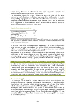 persons facing hardship in collaboration with social cooperative consortia and
individual social cooperatives, through said consortia.
The monitoring regards all Group contracts in which personnel of the social
cooperatives work. Quarterly verifications are made of the total number of persons
facing hardship employed, the type of hardships faced by individual workers used in the
supply and their qualifications within each single contract. Thus, it will be possible to
verify compliance of the employment project presented by the supplier during the
tender, with a consequent assessment of the same.

Supplies from social cooperatives
                                          2009
Social cooperatives (number)                  36
Value of supplied goods/serv. (in         23,590
thousands of €)
Persons facing hardship hired                468
(number)
Among the persons facing hardship hired, workers employed for less than one year were also counted. In
2009, the system for monitoring supplies from social cooperatives was modified. Data relating to Hera
S.p.A., Uniflotte and Herambiente.

In 2009, the value of the supplies regarding types of work or services requested from
social cooperatives came to about Euro 23.6 million. Of this amount, about Euro 20.9
million was assigned for the execution of waste management services, equal to 20.3%
of the total awards made by the Group for these services.
Supplies from social cooperatives involved a total of 36 cooperatives and resulted in the
employment of 468 persons facing hardship. The highest number of persons facing
hardship employed was recorded by the Territorial Operating Structure of Modena (143
people), the TOS of Forlì-Cesena (102 people) and the TOS of Rimini (90 people).

     Together we can make a difference: Hera and craftsmen against the crisis
In order to deal with the economic crisis, a permanent joint workgroup has been
established by Hera and craftsmen’s trade associations CNA and Federimpresa-
Confartigianato in the province of Forlì-Cesena. The goals is to create added value for
companies and local communities through service innovation, exploring possible
partnerships on issues inherent in Hera’s business, and among the specific skills of
craftsman companies: renewable energy sources, consumption remote reading systems,
technologies with a low environmental impact, and new waste management models.

Raw material supplies
The natural gas sold by the Hera Group in 2009 in the areas in which it operates was
mainly purchased from Eni Gas & Power (40%). Approximately 22% was purchased
from Edison, 2% from other minor national operators and 36% via Hera Trading
(which, in turn, mainly purchased gas from VNG, Eni, Edison and Econgas).
With regard to the electricity market, 23% of sales to end customers were covered by
the production from high-efficiency thermoelectricity power stations of companies in
which Hera holds investments (Tirreno Power, Calenia Energia and SET); 41% was
covered by bilateral purchases from other operators. The remaining 36% was sourced
on the electricity market.



                                                132
 
